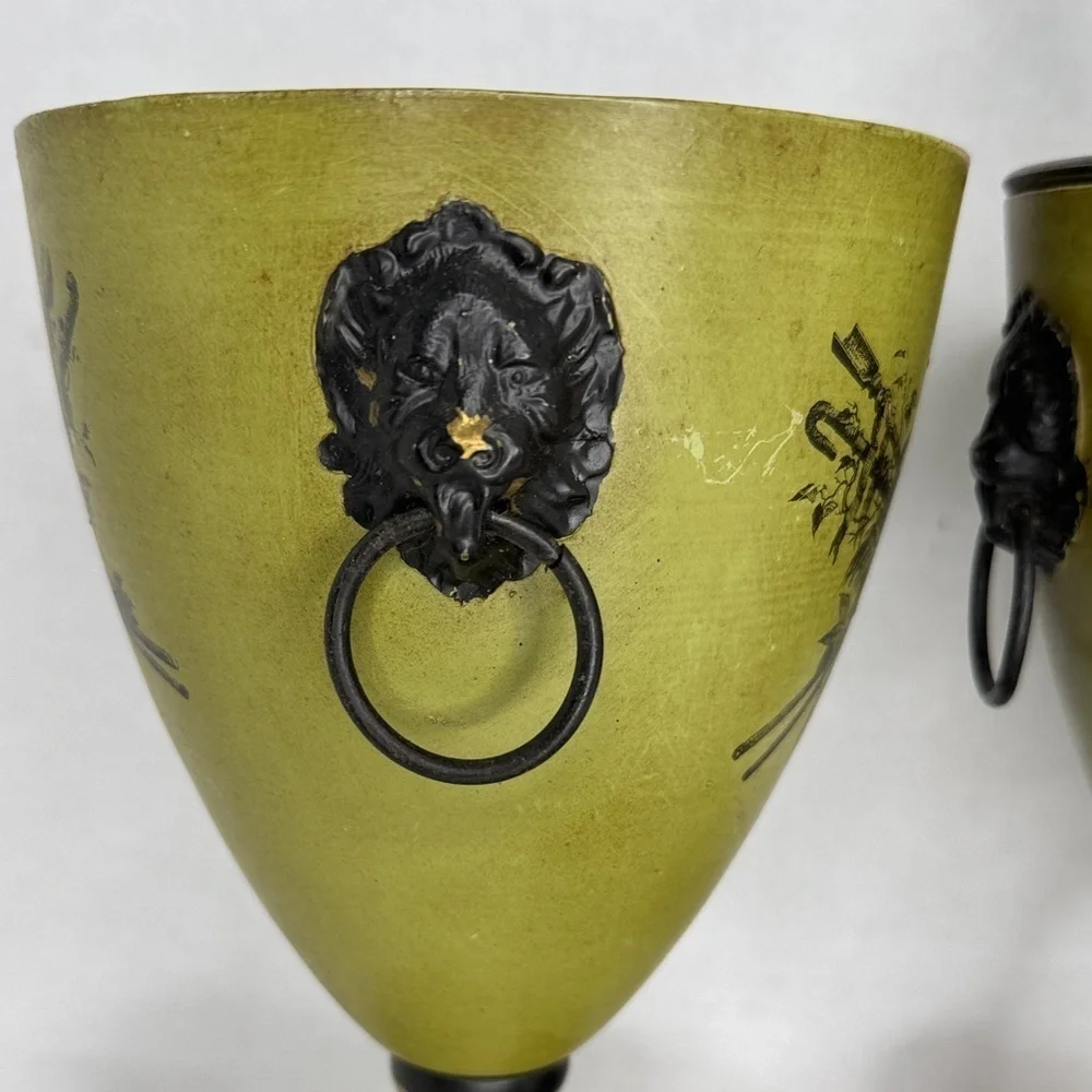 Mid Century Italian Olive Tole Urns Pair Signed